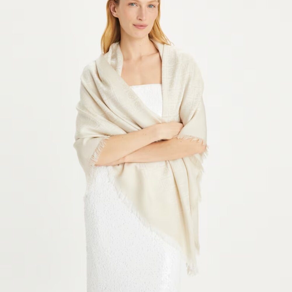 Tory Burch T Monogram Cotton Silk Jacquard Lightweight Shawl Wrap Ivory Cream